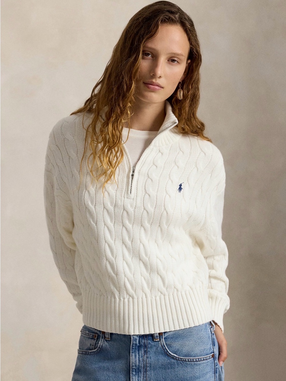 Ralph Lauren Cream Cable-Knit Half-Zip Turtleneck Sweater